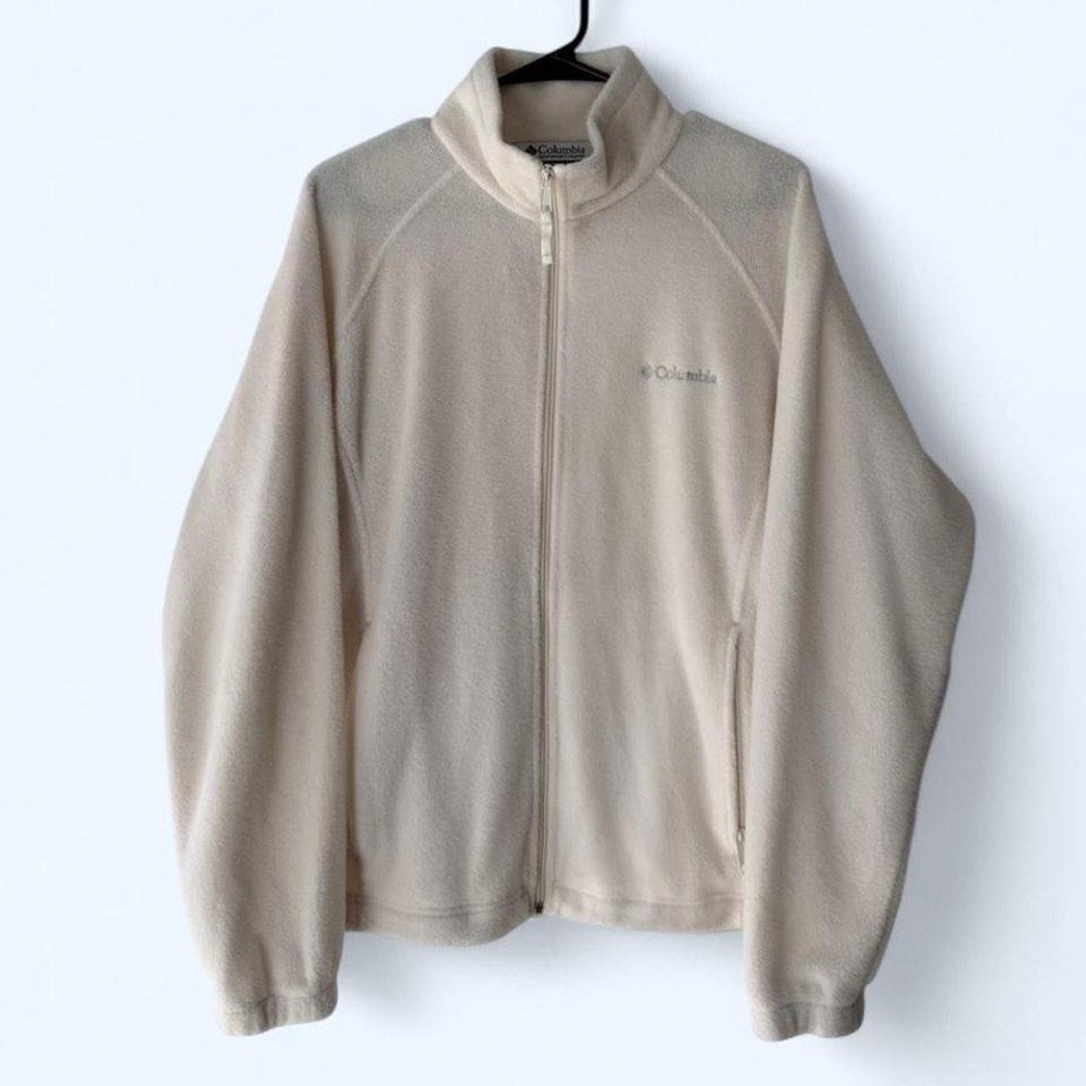 Columbia Mens Fleece‎ Jacket Full Zip Mock Neck Beige Casual Outdoor Size L